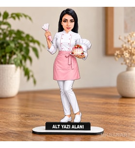 Kişiye Özel Kadın Pastacı Karikatürlü 18 cm MDF Masaüstü Biblo - Kadın Pastacı Hediyesi Yeni İş ve Meslek Hediyesi