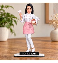 Kişiye Özel Kadın Pastacı Karikatürlü 18 cm MDF Masaüstü Biblo - Kadın Pastacı Hediyesi Yeni İş ve Meslek Hediyesi