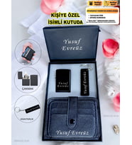 Kişiye Özel İsimli Benzinli Lüks Çakmak & Kartlık & Anahtarlık 3 Lü Hediye Set Özel İsimli Kutusunda