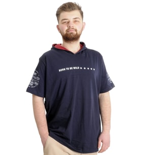 Mode XL Büyük Beden Erkek T-shirt Kapşonlu BORN TO BE WILD 23122 Lacivert