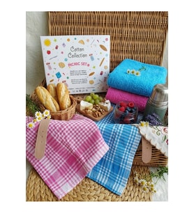 ELEGANCEHOME Renkli Piknik ve Mutfak Seti - 4'lü %100 Pamuk Kurulama Bezi ve Yumuşak Havlu Seti - Mavi & Pembe
