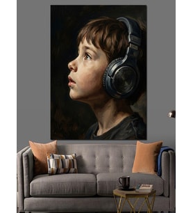 Kulaklıklı Müzik Dinleyen Küçük Çocuk Dekoratif Kanvas - Mdf Ahşap Tablo