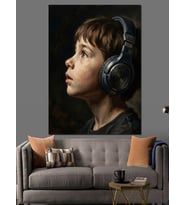 Kulaklıklı Müzik Dinleyen Küçük Çocuk Dekoratif Kanvas - Mdf Ahşap Tablo