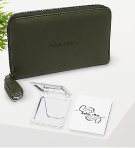 BK Gift Kişiye Özel İsimli Haki Deri Kadın Cüzdanı ve Cep Aynası Hediye Seti-1