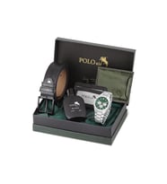 Polo Air Erkek Kol Saati Kemer Cüzdan Kartlık Parfüm Hediyelik Kutusunda Gümüş Yeşil Set PL-7025E3 (Gri - Yeşil)