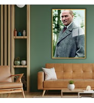 Metal Çerçeveli Temperli Cam Ofis Tablosu Paltolu Atatürk (Gold)