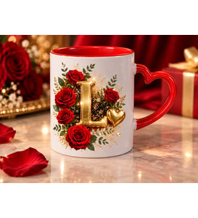 AION CASA L Harfli Kırmızı Gül Desenli Kalp Kulplu Kupa Bardak 325 ml