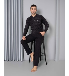 Erkek 3 Düğme Uzun Kol Göğüs Cepli Selanik Kumaş Kışlık Cepli Pijama Takımı (Gri - Siyah)