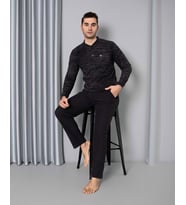 Erkek 3 Düğme Uzun Kol Göğüs Cepli Selanik Kumaş Kışlık Cepli Pijama Takımı (Gri - Siyah)