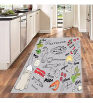 Kitchen Desenli Renkli Dijital Baskılı Kaymaz Taban Yıkanabilir Leke Tutmaz Mutfak Halısı (Gri)