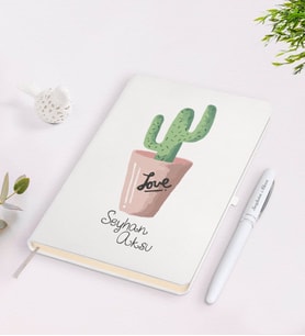 BK Gift Kişiye Özel İsimli Kaktüs Tasarımlı Beyaz Defter ve Kalem Seti-5