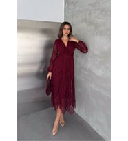Kadın siyah simli desenli kruvaze yaka drape detaylı midi asimetrik elbise NBK5037