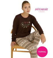 Kadın Bisiklet Yaka Düğmesiz Bilekler Lastikli/Jogger Yumuşak Termal Kışlık Pijama Takımı (Kahverengi)