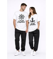 Sevgili Kombini Oversize Çift Tişört Unisex Captain Anchor Baskılı Matching Couple Partner 2'li Set (Beyaz)