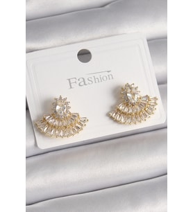 Pirinç Gold Renk Zirkon Taşlı Yelpaze Model Kadın Küpe (Karışık)