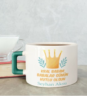 BK Gift Kişiye Özel Babalar Günü Tasarımlı Yeşil Kulplu Çay & Kahve Fincanı-6, Babaya Hediye, Babalar Günü Hediyesi