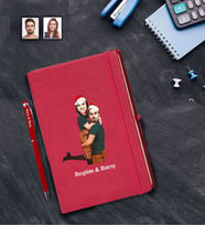 Kişiye Özel Yılbaşı Sevgili Karikatürlü Kırmızı Defter Kalem Hediye Seti Model-6