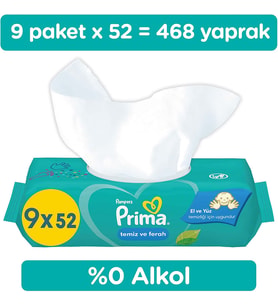 Prima Islak Havlu Mendil Temiz ve Ferah (Bitki Bazlı) 9 Lu Set (3PK*3) 468 Yaprak
