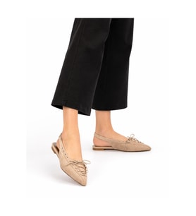Kadın Süet Bağcıklı Slingback Babet Sivri Burun Arkası Açık Günlük Ayakkabı