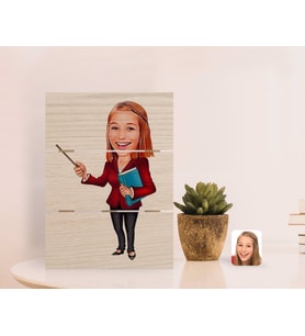 BK Gift Kişiye Özel Kadın Öğretmen Karikatürlü Otantik Masaüstü Ahşap Palet Çerçeve-3 (Beyaz)
