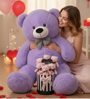Kıza Hediye 90 Cm Peluş Ayı + Aynalı Mesajlı Silindir Ayıcık Buketi Romantik Sevgiliye Kıza Özel Set (Lila)