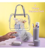 Porsima 3145 Tavşan Figürlü Seyahat Seti - Diş Fırçası Kutusu Banyo Lifi Sabun Kutusu Seyahat Çantası Gri