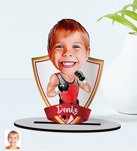 BK Gift Kişiye Özel İsimli Çocuk Kick Box Karikatürlü Ahşap Biblo Model-1