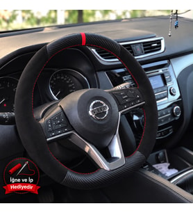 Nissan Leaf ZE1 Dikme Direksiyon Kılıfı Alcantara Süet Mat Karbon Kırmızı Yüzük ve Dikiş 2018-2024