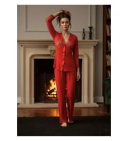 #pijamaTakımı Çeyizlik Dantelli V Yaka Düğmeli Rahat Kesim Kırmızı Penye Pijama Takımı