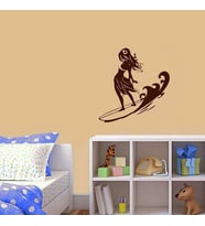 Dalgalı Denizde Sörf Yapan Kız Silüeti Dekoratif Duvar Sticker, Çıkartma Kahverengi Koyu