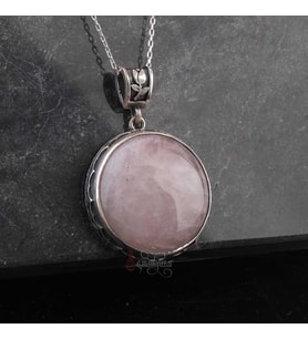 Pembe Kuvars Taşı 925 Ayar Gümüş  Motifli Yuvarlak Tasarım Kolye