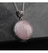 Pembe Kuvars Taşı 925 Ayar Gümüş  Motifli Yuvarlak Tasarım Kolye