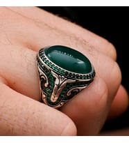 Otantik Motifli Akik Taşlı 925 Ayar Gümüş Erkek Yüzük