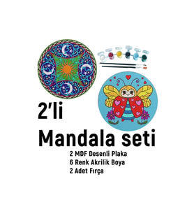 2'li Mandala Boyama Seti- Aile Etkinliği-2 Ham Mdf Plaka, 6 Renk Boya,2 Fırça Model-27