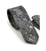 Siyah Beyaz Motif Desenli Gri Dokuma Kumaş Mendilli Slim Fit Kravat  / SDK-220711 (Renksiz)