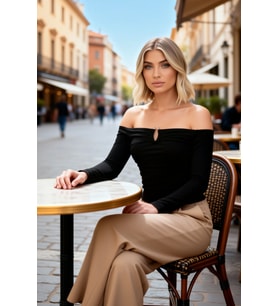 Kadın Bluz Carmen Yaka Uzun Kol Fitted Kalıp Ribana Örme Kumaş Aksesuar Detaylı Regular Boy