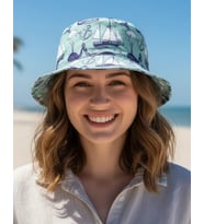 Çift Taraflı Denizci Desenli Bucket Şapka  Balina ve Çapa Detaylı -9906 (Turkuaz)