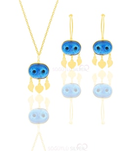 Gümüş altın yaldızlı süryani nazar boncuğu kolye ve küpe ikili set SGTL11657GOLD