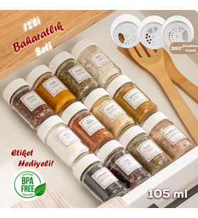 Porsima 1078 Döner Kapaklı 12'li Cam Baharatlık-Düzenleyici Organizer - Cappuccino Beyaz