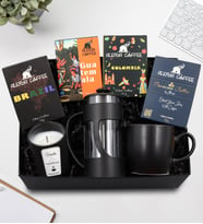 4'lü Dünya Kahvesi Seti & Vanilya Kokulu Bardak Mum & Siyah Mat Kupa & Siyah French Press Hediye Seti
