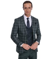 Ekose Ceketli Desenli Slim Fit Yeşil Erkek Takım Elbise - Wessi