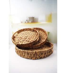 3'lü Rustik El Yapımı ve Doğal Yuvarlak Hasır Tepsi Seti, 3'lü Hasır Yuvarlak Tepsi Seti, Rattan 3 Boy Hasır Tepsi (38 * 6cm-34 * 5cm-30 * 24 * 4,5cm)