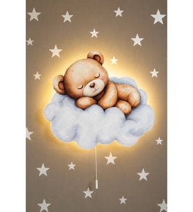 Ahşap Bulut Üzeri Ayıcık Pilli Ledli Gece Lambası Bebek Çocuk Odası-Yıldız Sticker Hediyeli