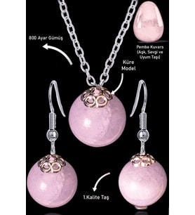Sertifikalı Küre Model Pembe Kuvars Taşı Kolye ve Küpe Seti - Açık Renk (Çok Renkli)