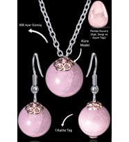 Sertifikalı Küre Model Pembe Kuvars Taşı Kolye ve Küpe Seti - Açık Renk (Çok Renkli)