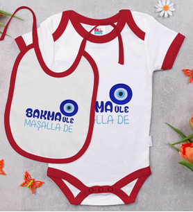 BK Kids Maşalla De Tasarımlı Kırmızı Bebek Body Zıbın ve Mama Önlüğü Hediye Seti-1