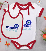 BK Kids Maşalla De Tasarımlı Kırmızı Bebek Body Zıbın ve Mama Önlüğü Hediye Seti-1