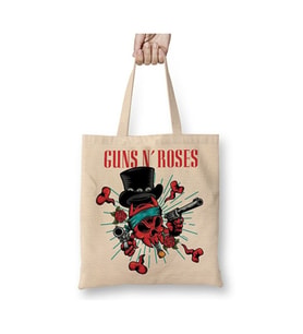 Guns N Roses Bez Çanta Uzun Saplı Alışveriş Çantası Plaj Çantası (Beyaz)