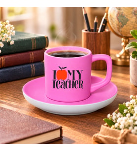 BK Gift Öğretmenimi Seviyorum Tasarımlı Mat Pembe Türk Kahvesi Fincanı ve Tabağı