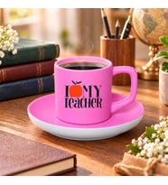 BK Gift Öğretmenimi Seviyorum Tasarımlı Mat Pembe Türk Kahvesi Fincanı ve Tabağı